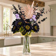 80cm Artificial Purple Sunflower and Gold Leaf Display Glass Vase