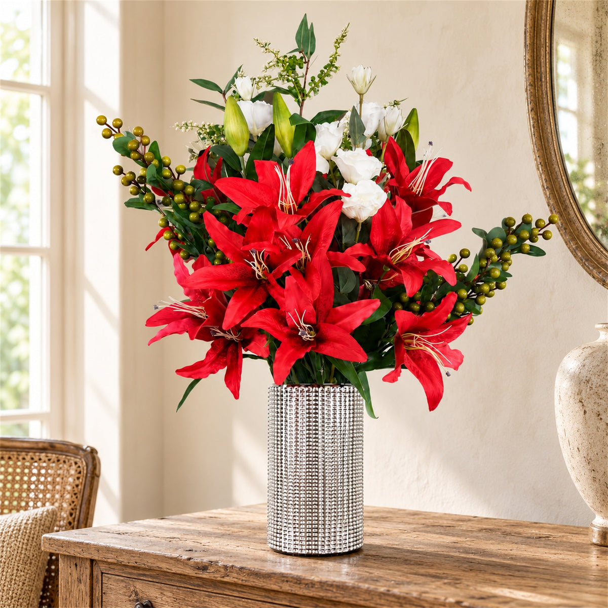 80cm Artificial Red Lily Arrangement Silver Glass Vase