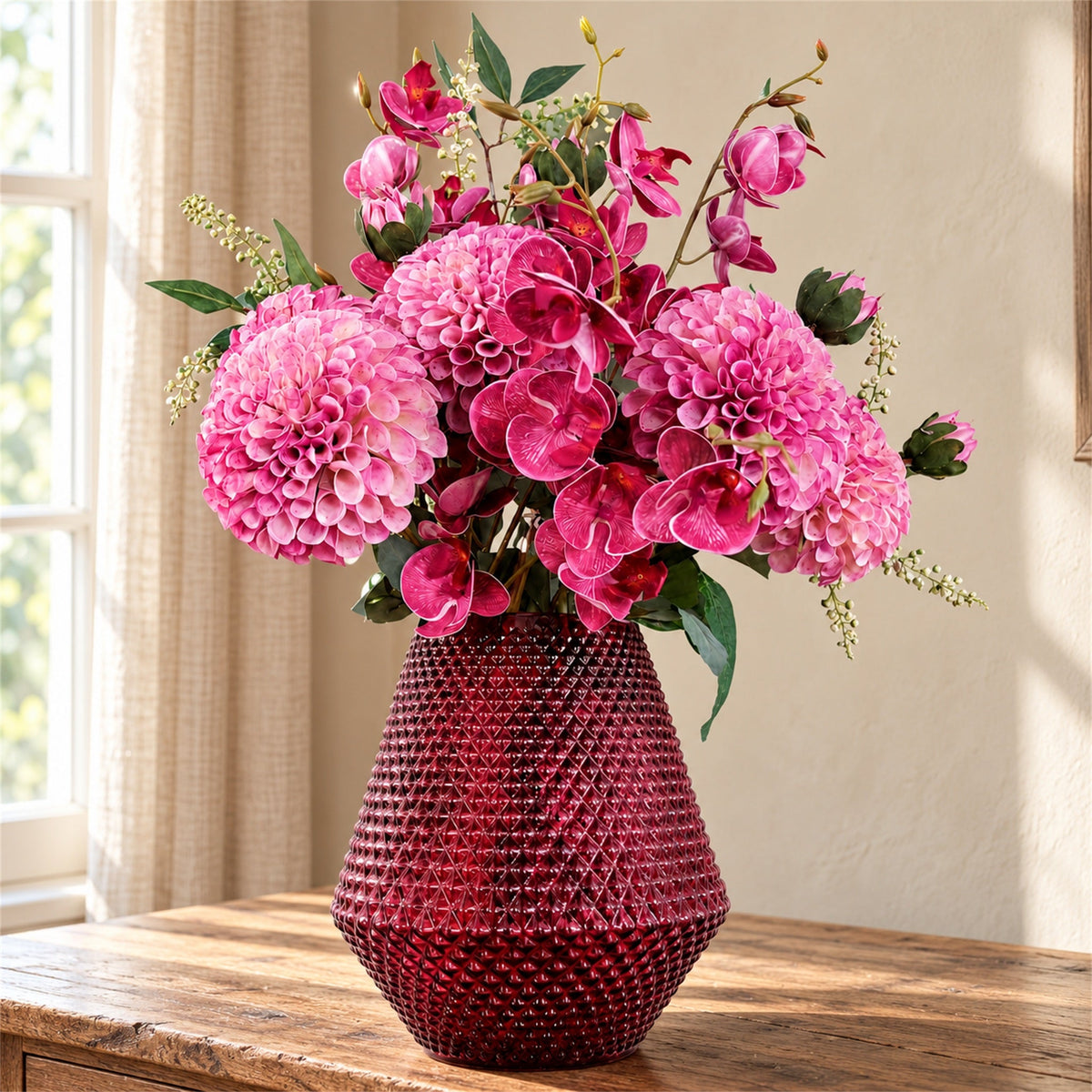 50cm Pretty Artificial Pink Dahlia Display Glass Vase