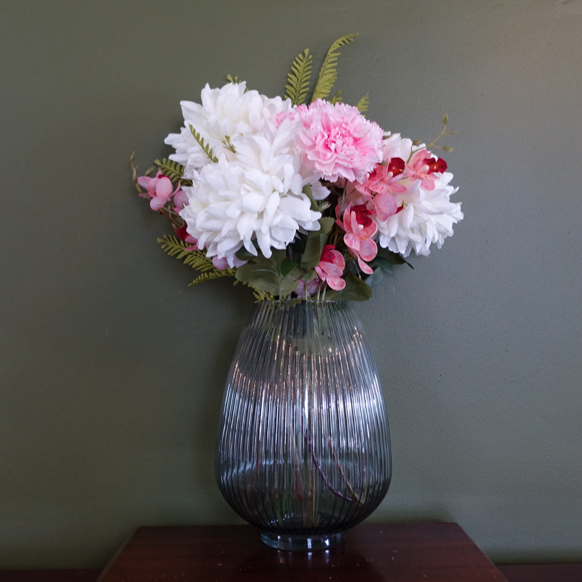 60cm Artificial Chrysanthemum and Orchid Display Glass Vase