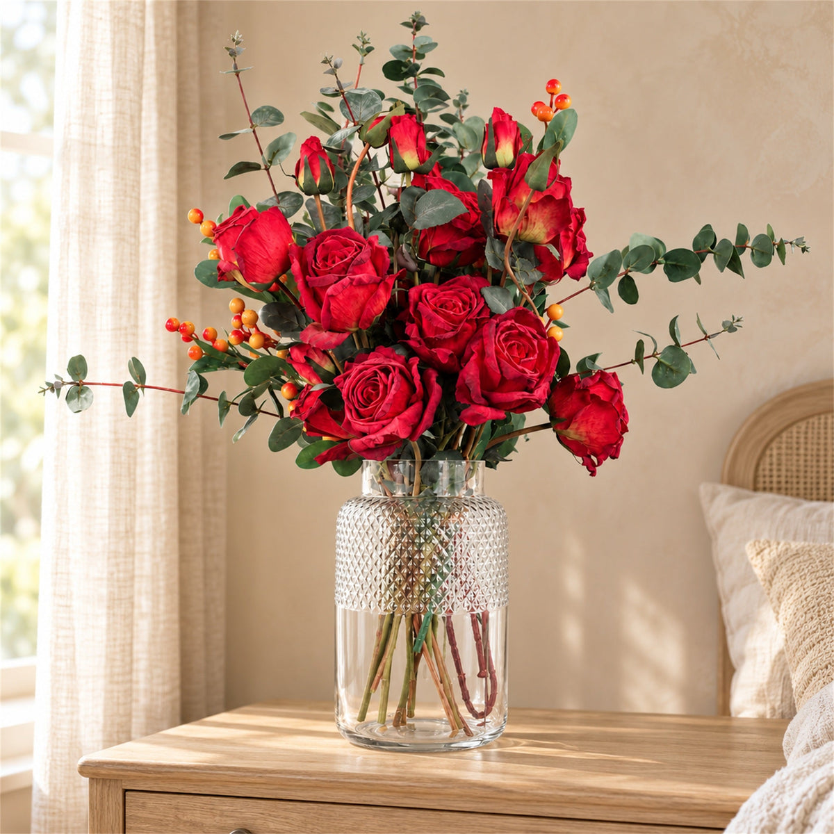 60cm Artificial Red Rose and Eucalyptus Glass Diamond Vase