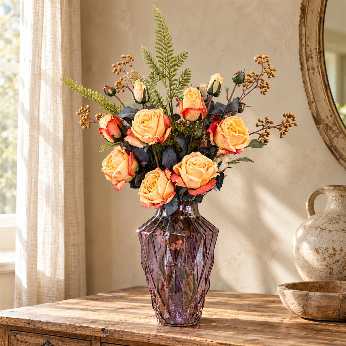 65cm Artificial Yellow Rose Display Geometric Glass Vase