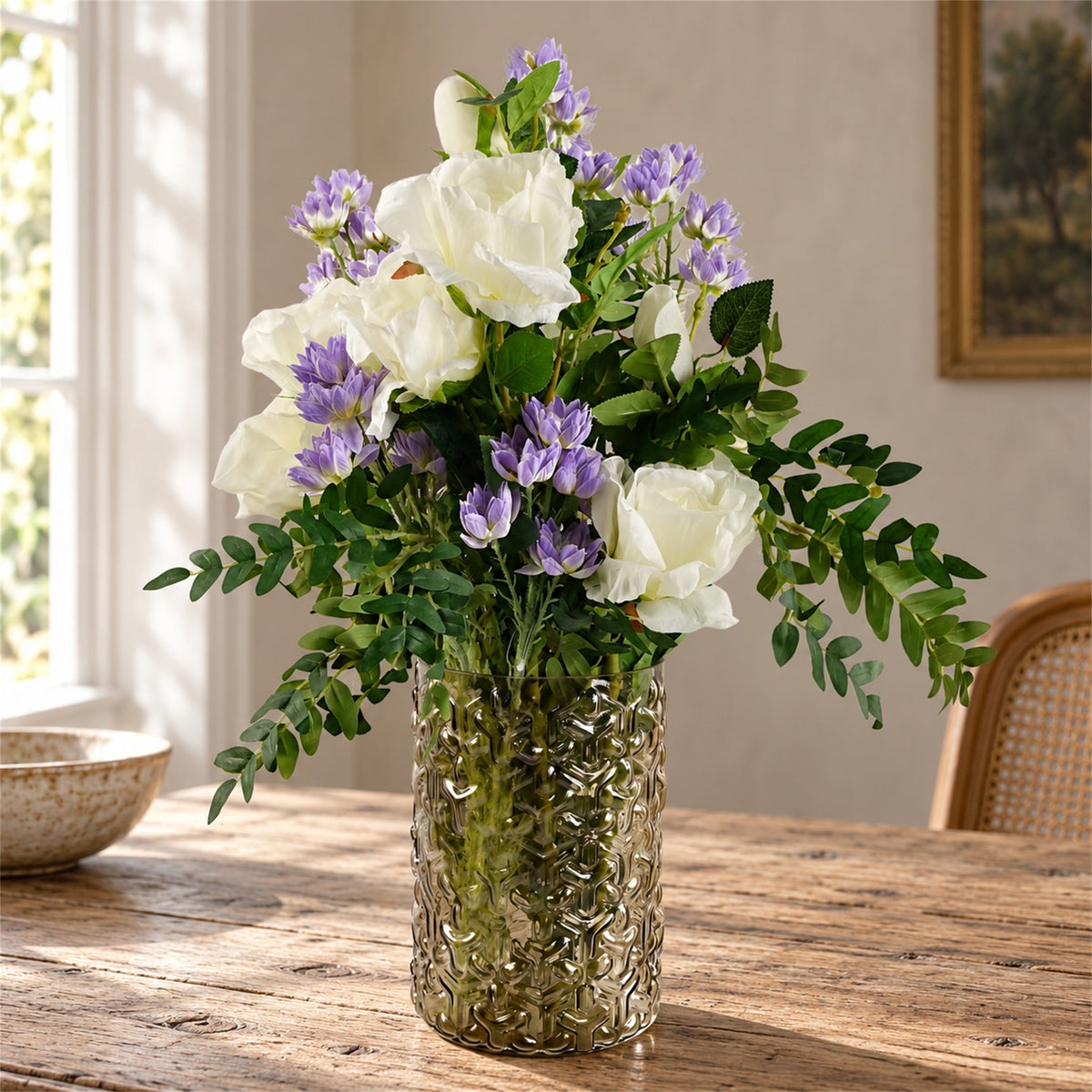 60cm Artificial White Rose Purple Starflower Display Glass Vase