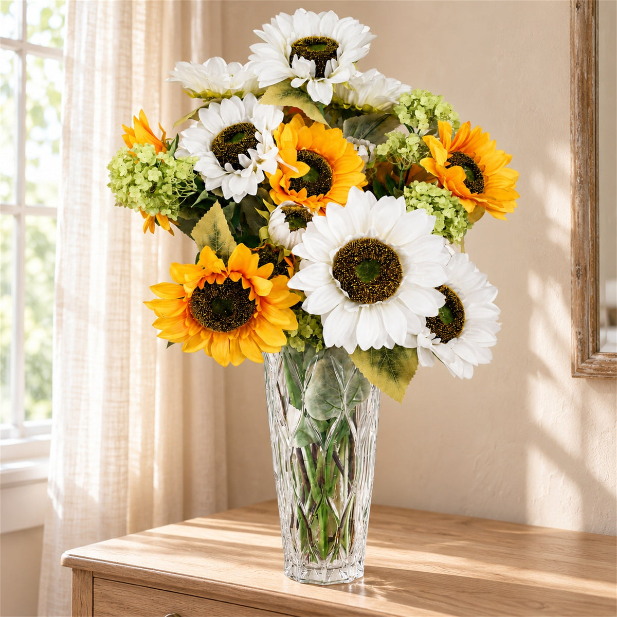 80cm Artificial White and Yellow Sunflower Mix Glass Vase