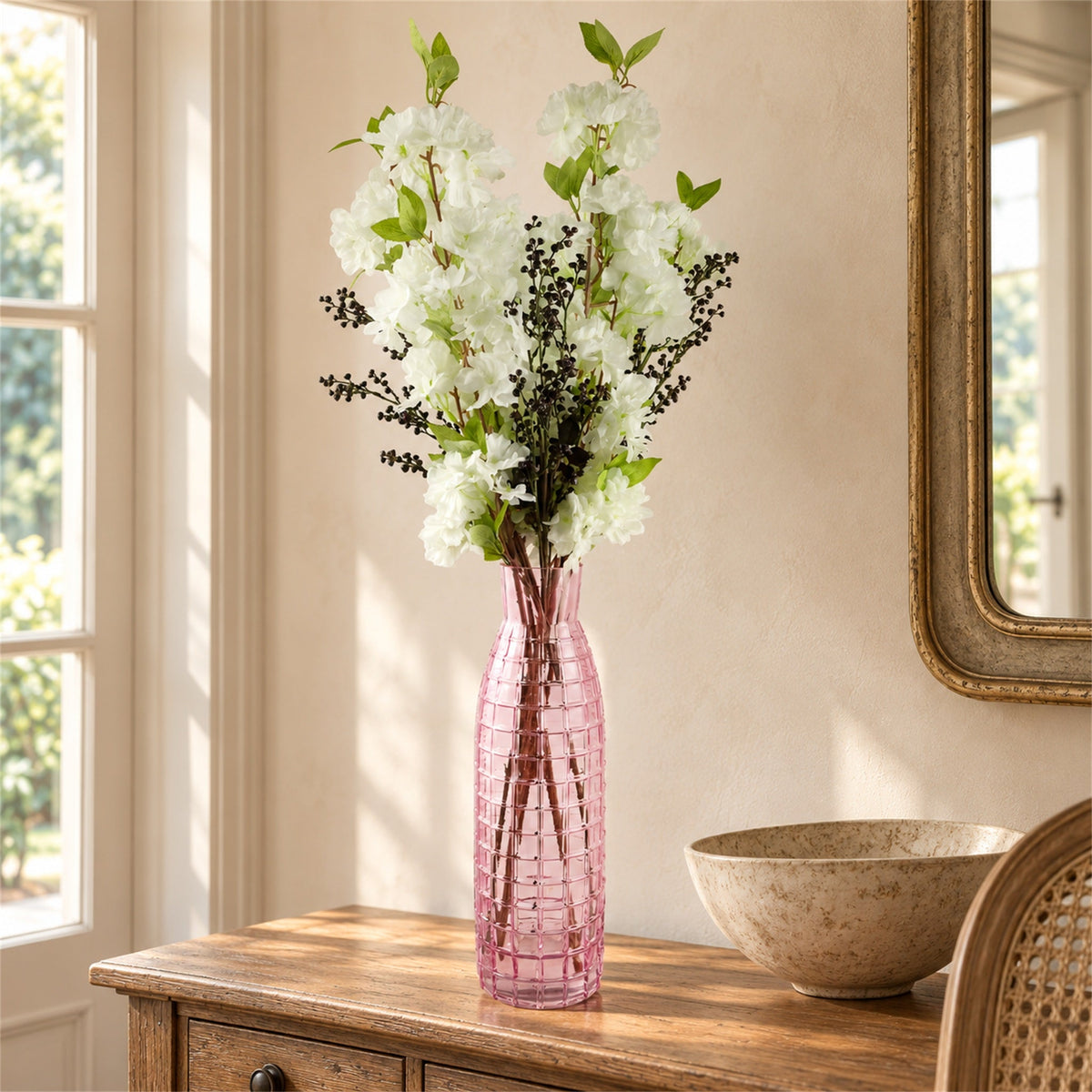 100cm White Artificial Blossom and Berries Glass Vase