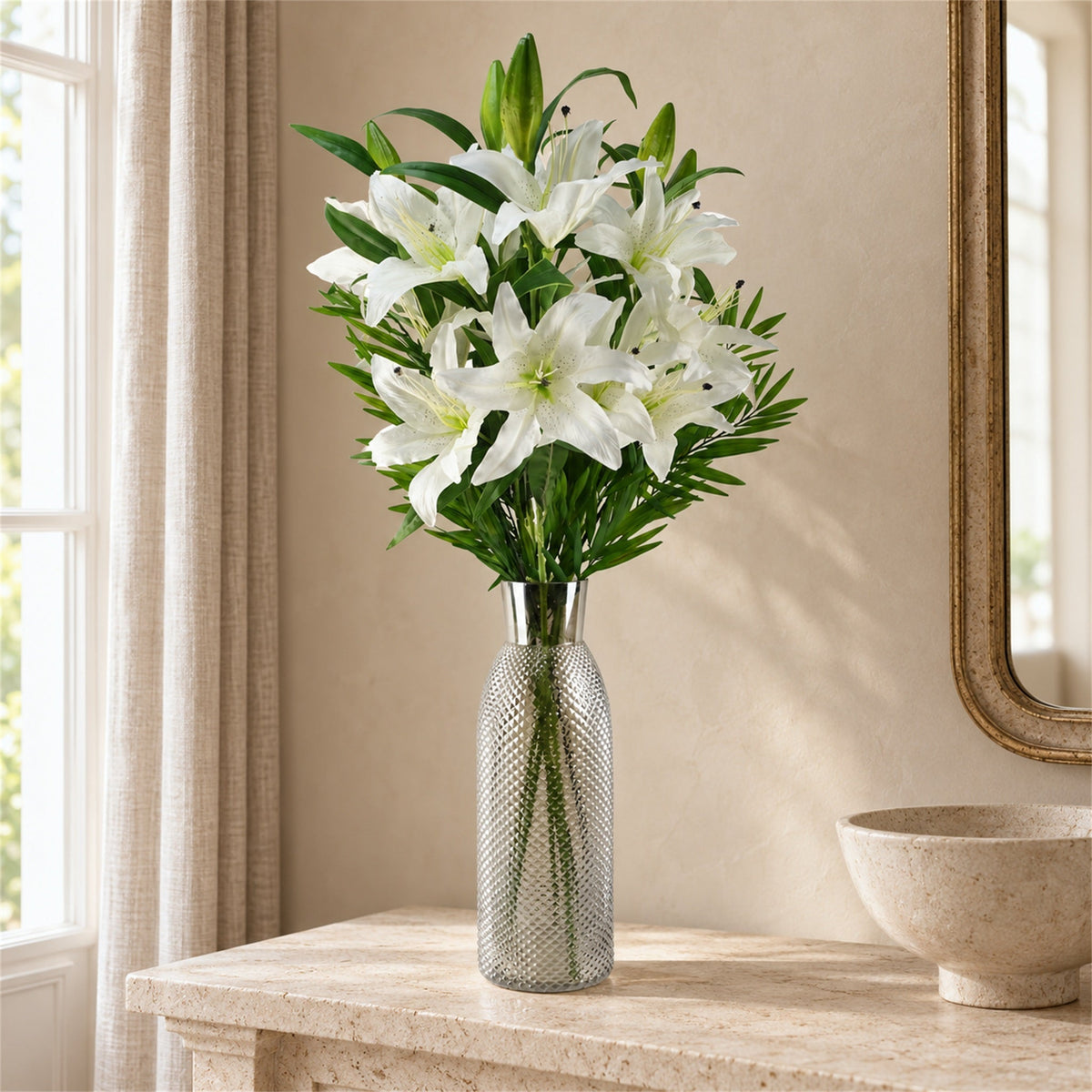 100cm Artificial White Lily and Fern Display Glass Vase