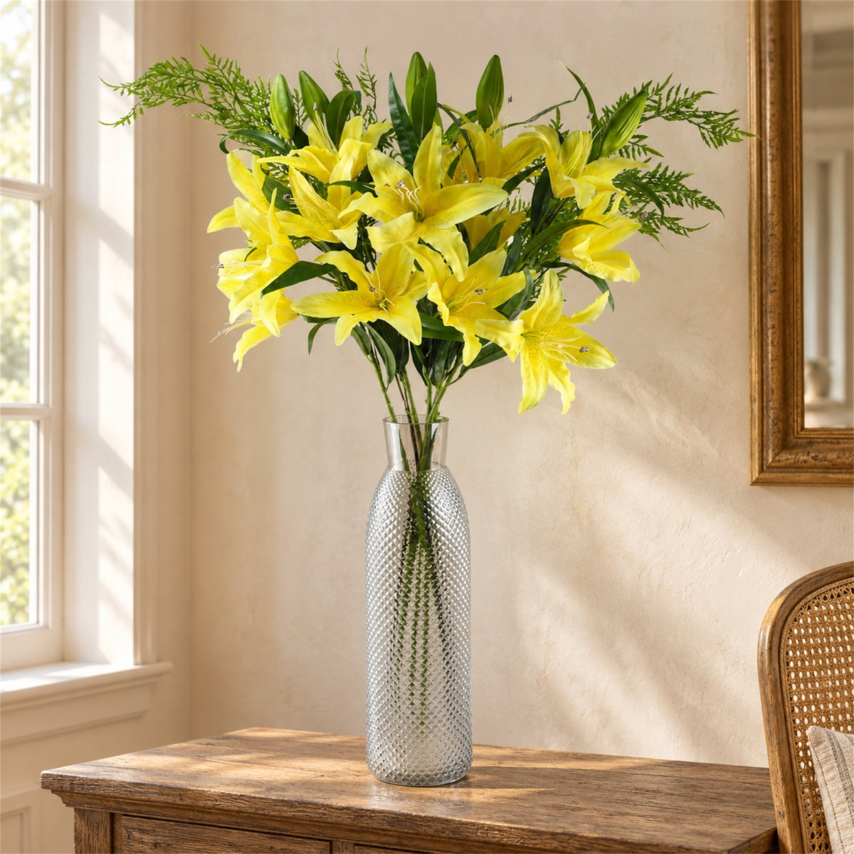 100cm Artificial Yellow Lily and Fern Display Glass Vase