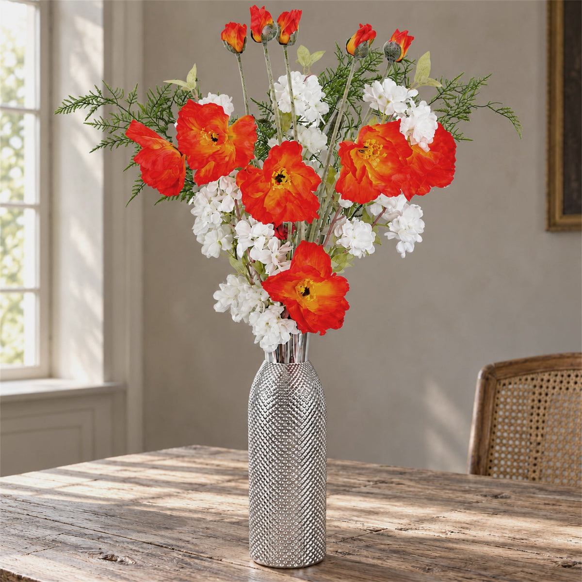100cm Artificial Poppy and White Blossom Arrangement Glass Vase