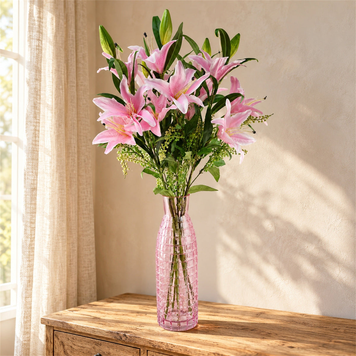 100cm Artificial Pink Lily Flower Arrangement Glass Vase