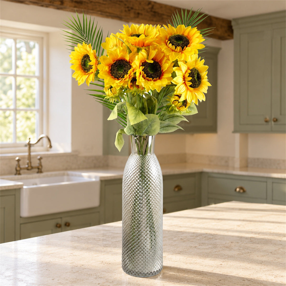 100cm Yellow Artificial Sunflower Arrangement Glass Vase
