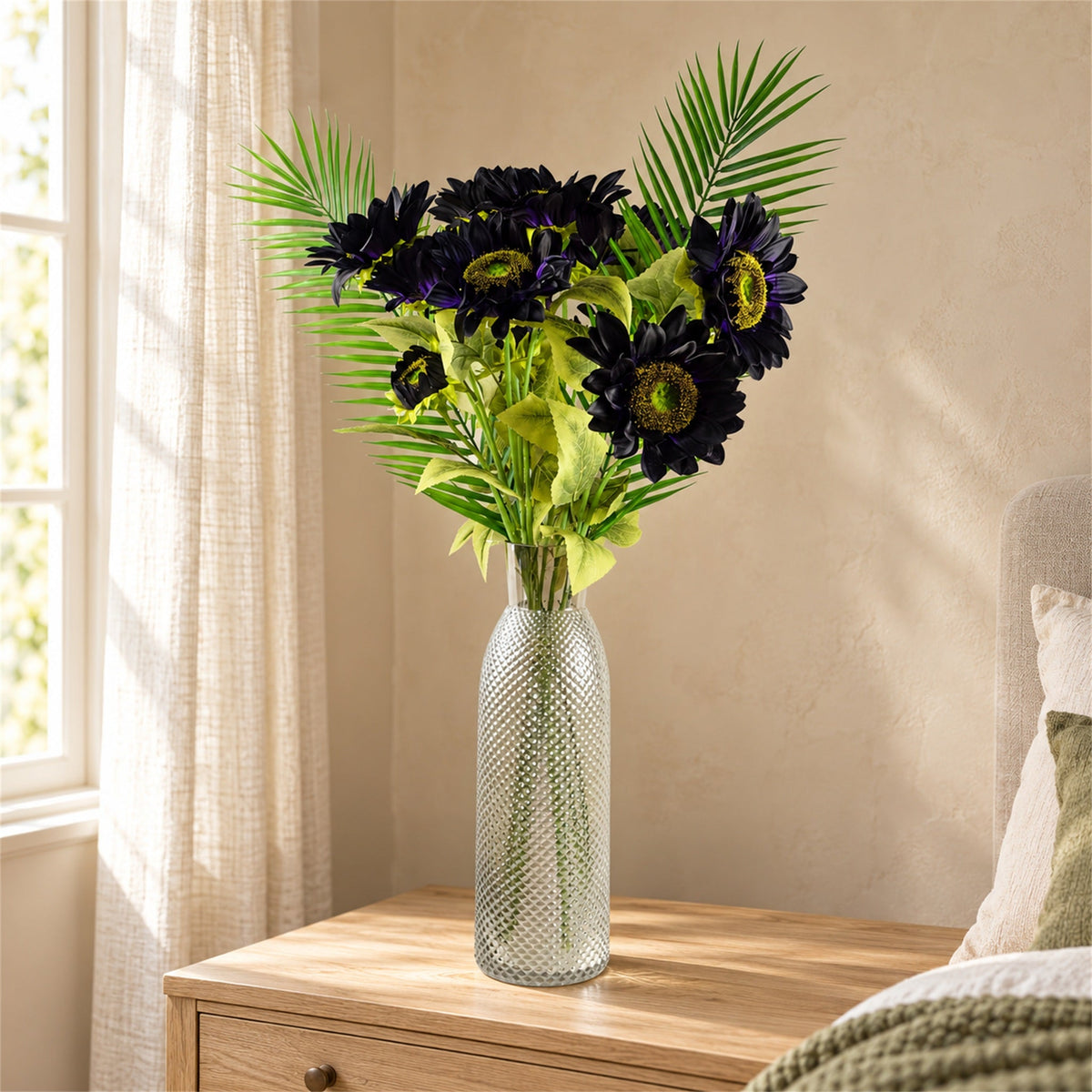 100cm Purple Artificial Sunflower Arrangement Glass Vase