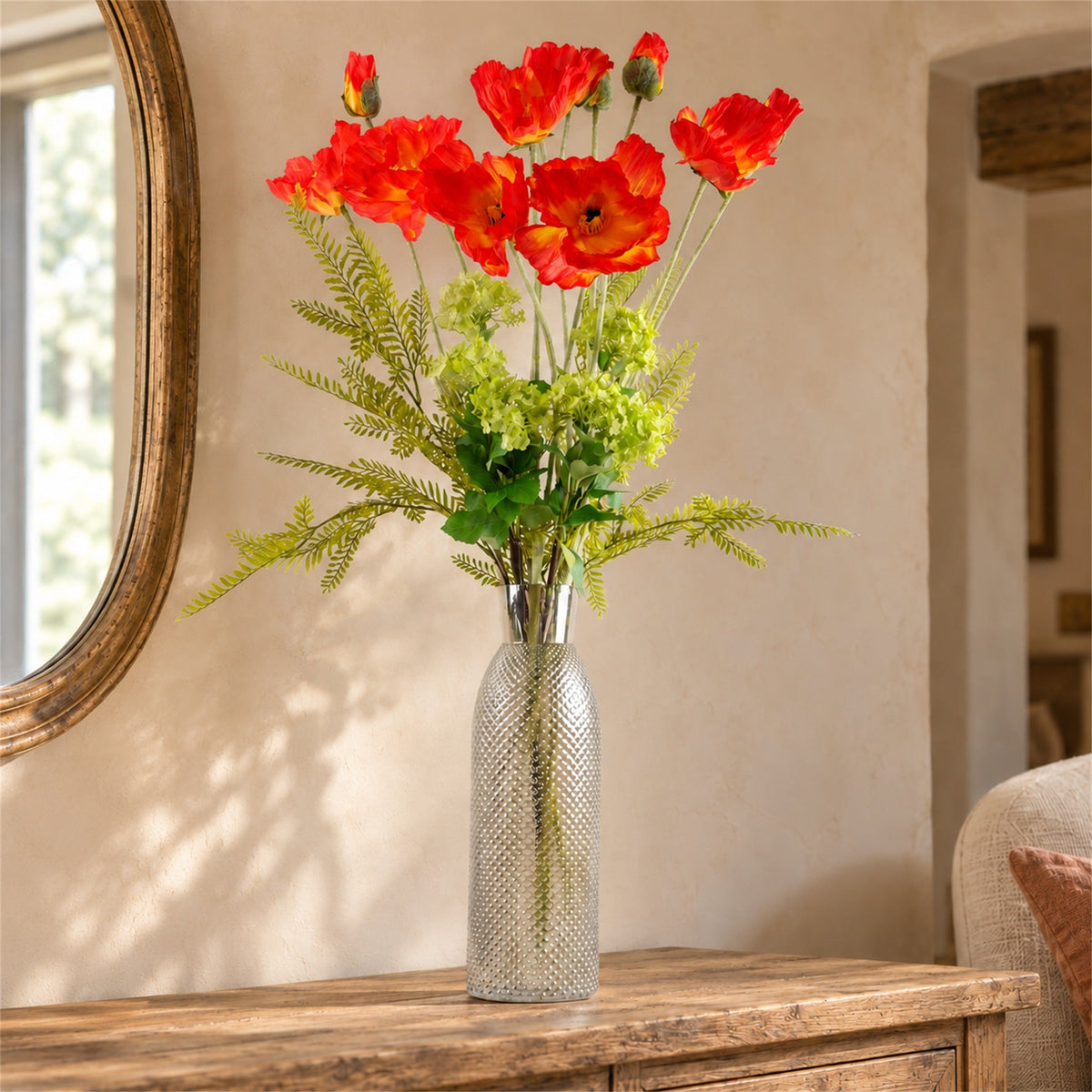 100cm Artificial Red Poppy and Fern Glass Vase