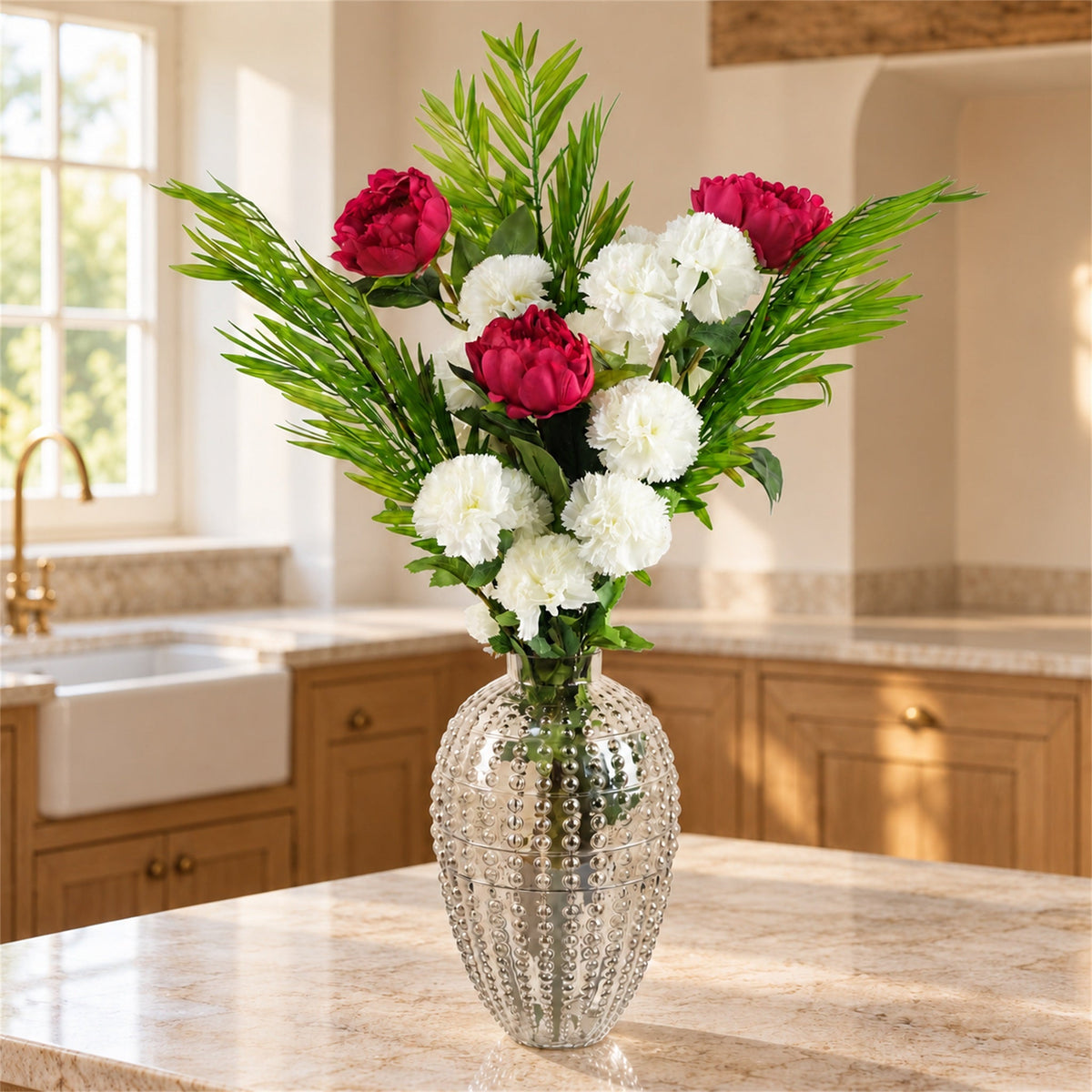 85cm Artificial White Carnation Pink Peony and Fern in Glass Vase