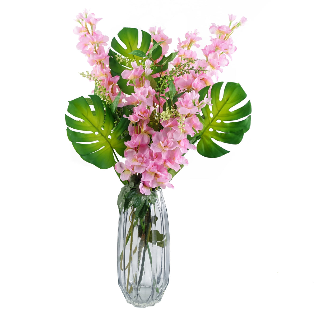 60cm Artificial Pink Delphinium Tropical with Glass Vase – image 2