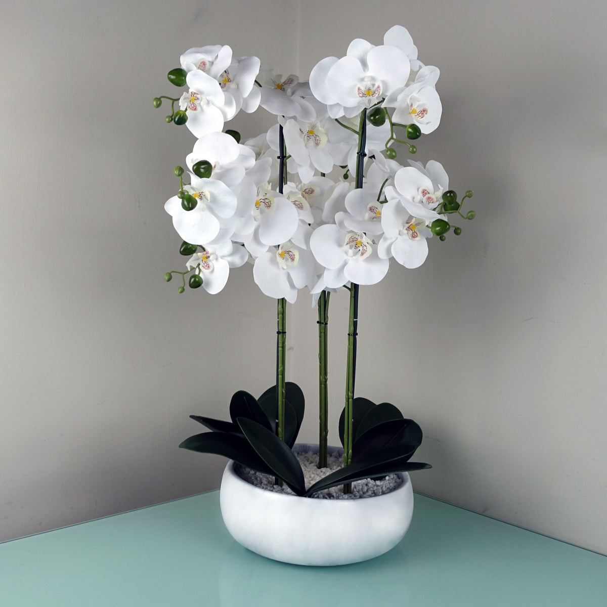 60cm Orchid Artificial White - Marble Effect Ceramic Planter