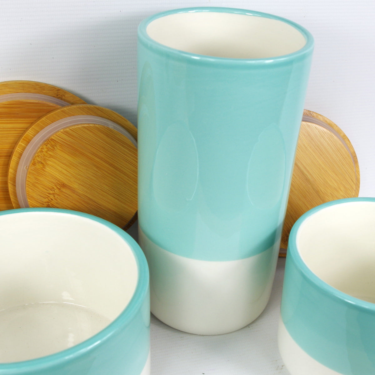 Set of Three Canisters Aqua Green Ceramic Storage Jars with Lids – image 3