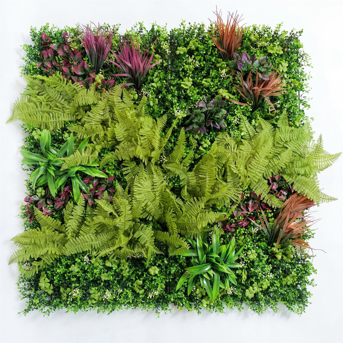 100cm Artificial Fern & Mixed Foliage Green Wall Panel with Burgundy and Grass Accents