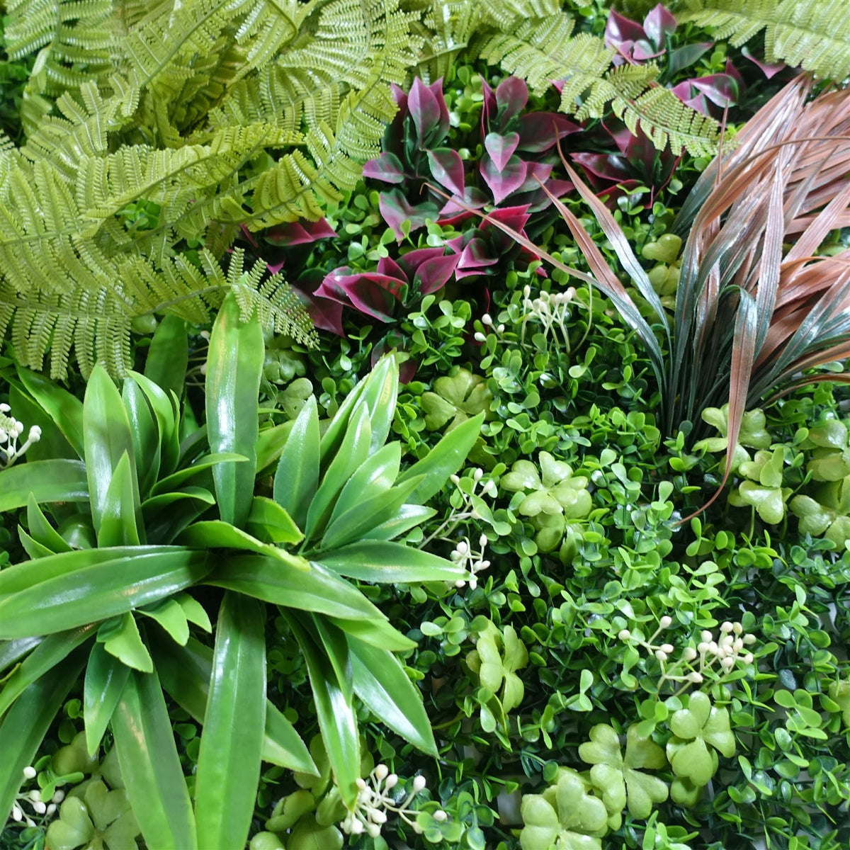 100cm Artificial Fern & Mixed Foliage Green Wall Panel with Burgundy and Grass Accents – image 2