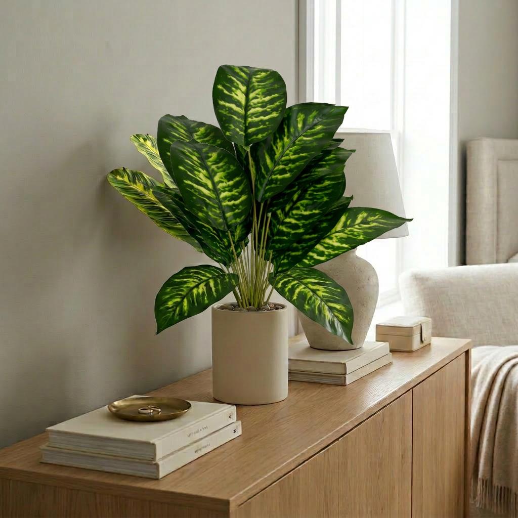 60cm Artificial Dieffenbachia Style Stem Plant Green Variegated Faux Foliage – image 3