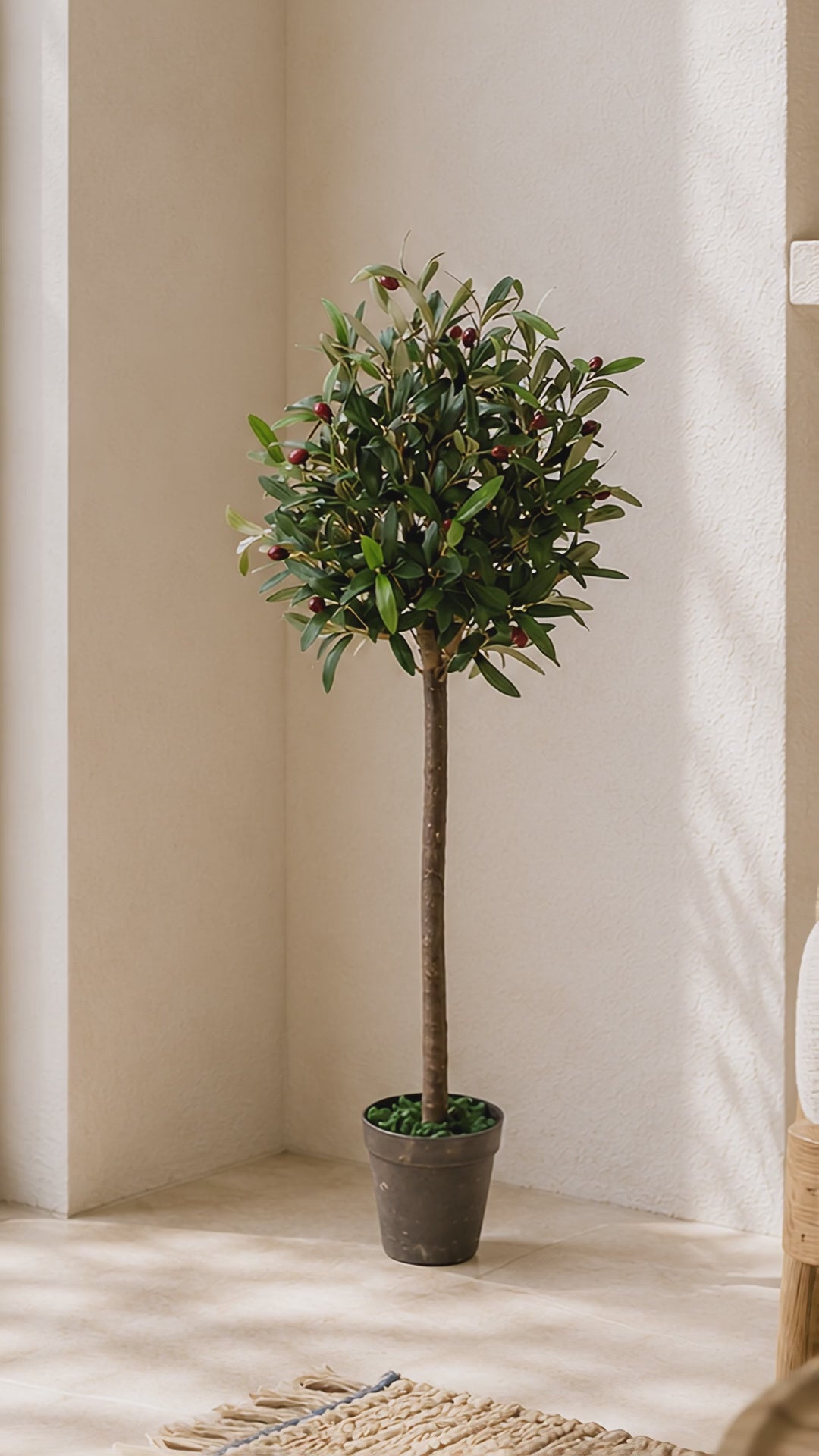 Load video: Artificial Olive Bay Style Topiary Fruit Tree