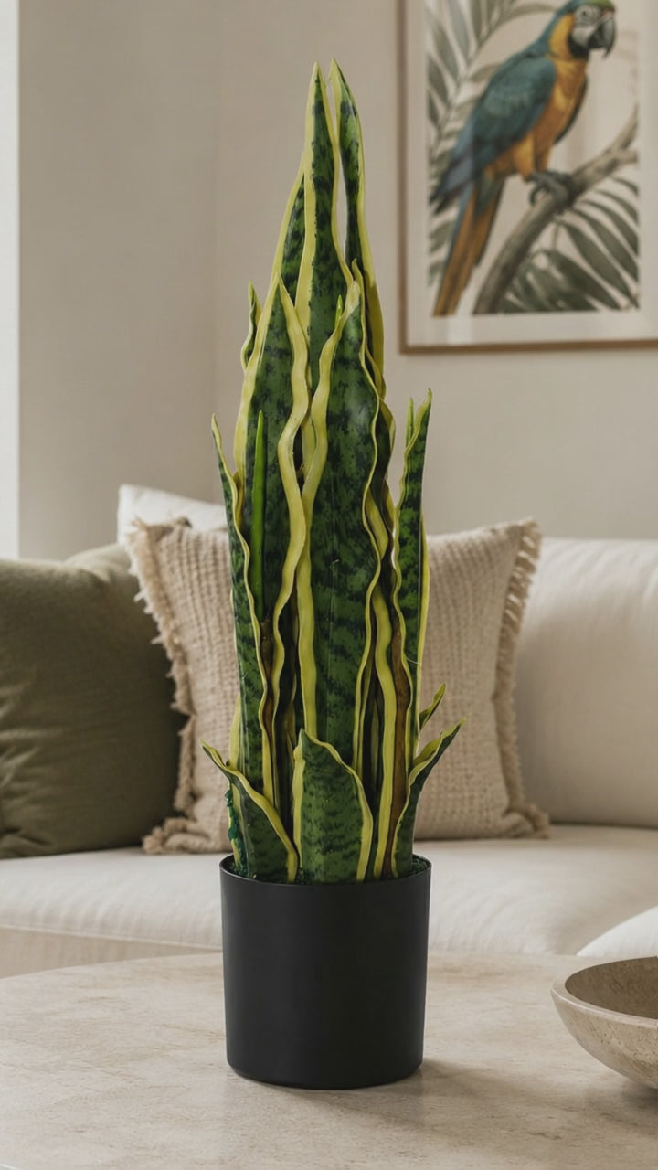 Load video: 55cm Artificial Sansevieria Yellow Green Indoor Plant